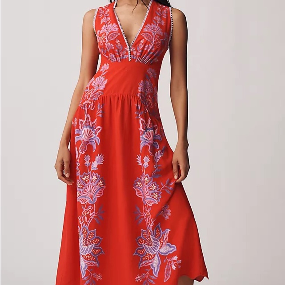 Farm Rio Red Porcelain Garden Euroflax™ Premium Linen Midi Dress - Picture 4 of 10